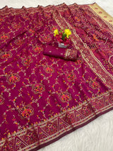 Glittering Dark Pink Pashmina Saree With Demanding Blouse Piece