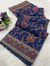 Exuberant Navy Blue Pashmina Saree With Elision Blouse Piece