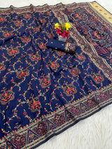 Exuberant Navy Blue Pashmina Saree With Elision Blouse Piece
