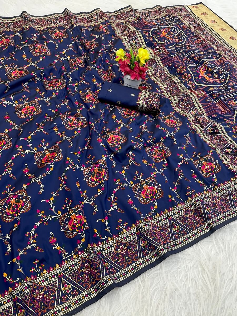 Exuberant Navy Blue Pashmina Saree With Elision Blouse Piece