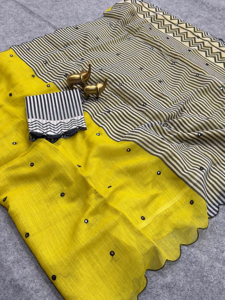 Incredible Yellow Printed Linen Silk Mirror Work Saree With Aplomb Blouse Piece