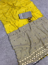 Incredible Yellow Printed Linen Silk Mirror Work Saree With Aplomb Blouse Piece