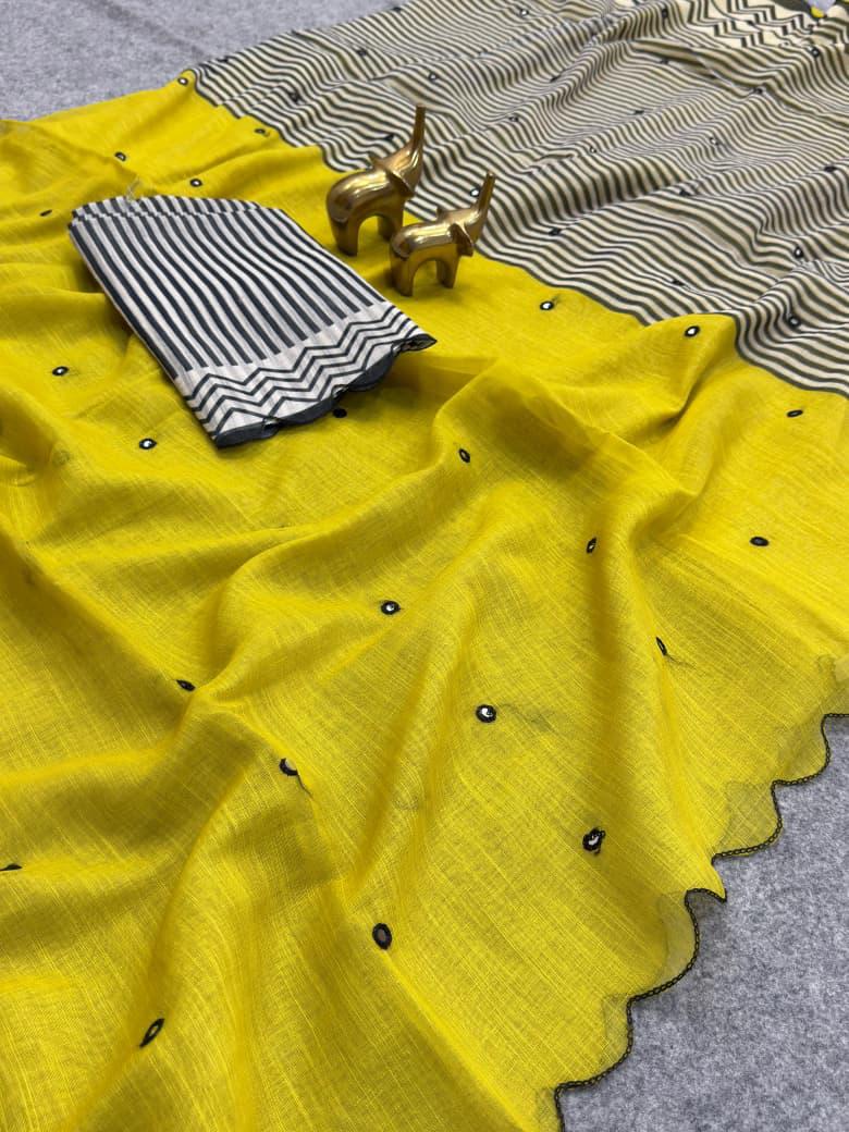 Incredible Yellow Printed Linen Silk Mirror Work Saree With Aplomb Blouse Piece