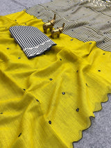 Incredible Yellow Printed Linen Silk Mirror Work Saree With Aplomb Blouse Piece