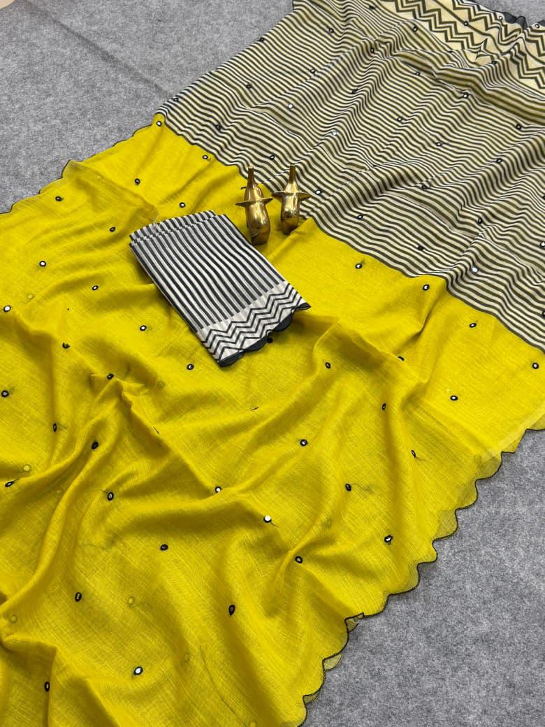 Incredible Yellow Printed Linen Silk Mirror Work Saree With Aplomb Blouse Piece