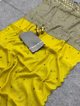 Incredible Yellow Printed Linen Silk Mirror Work Saree With Aplomb Blouse Piece