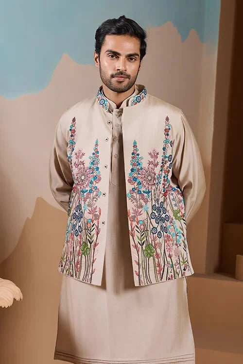 Elegant Fashionable Beige Koti Kurta Set for Mens Wear