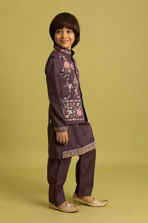 Premium Purple Kids Koti Kurta Pajama Set for Wedding Style