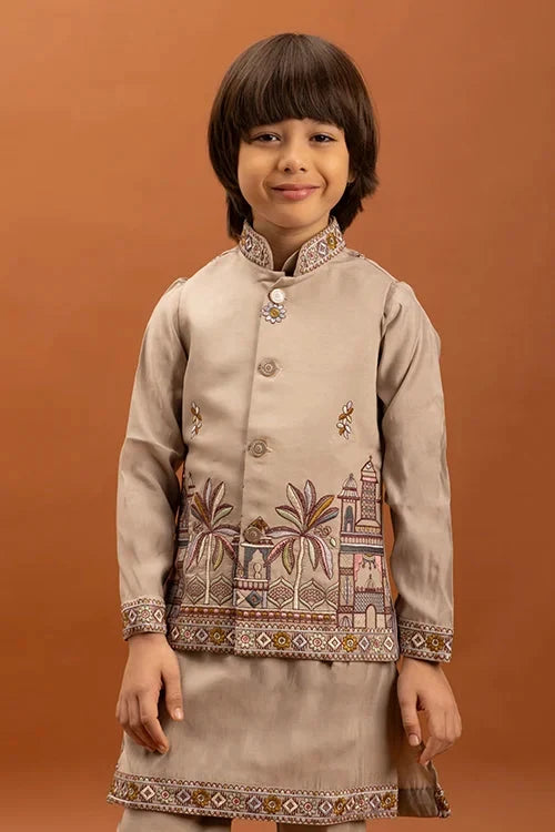 Designer Beige Koti Kurta Set for Kids 6-12 Year