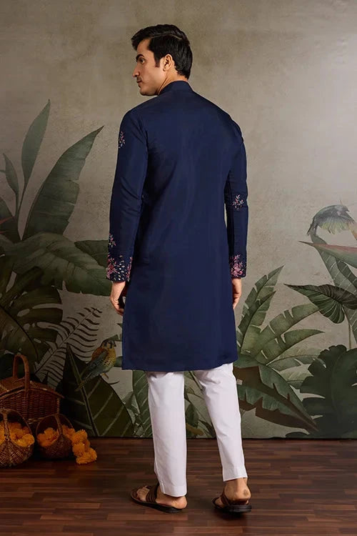 Wedding Special Navy Blue Embroidered Mens Kurta Set