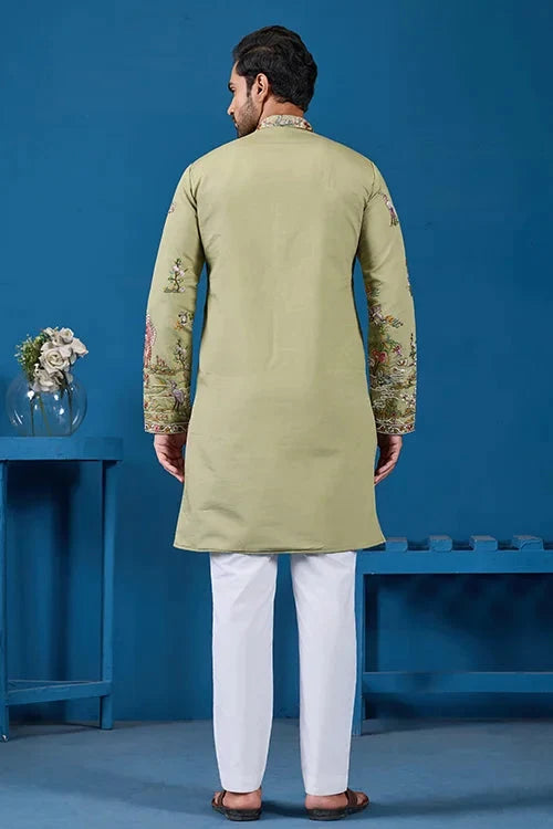 Traditional Pista Green Embroidered Kurta for Men