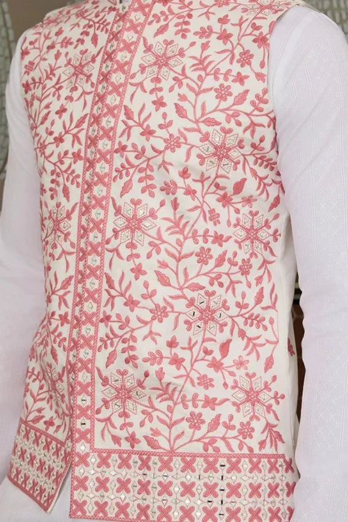 Wedding Pink Koti with White Kurta Pajama Set