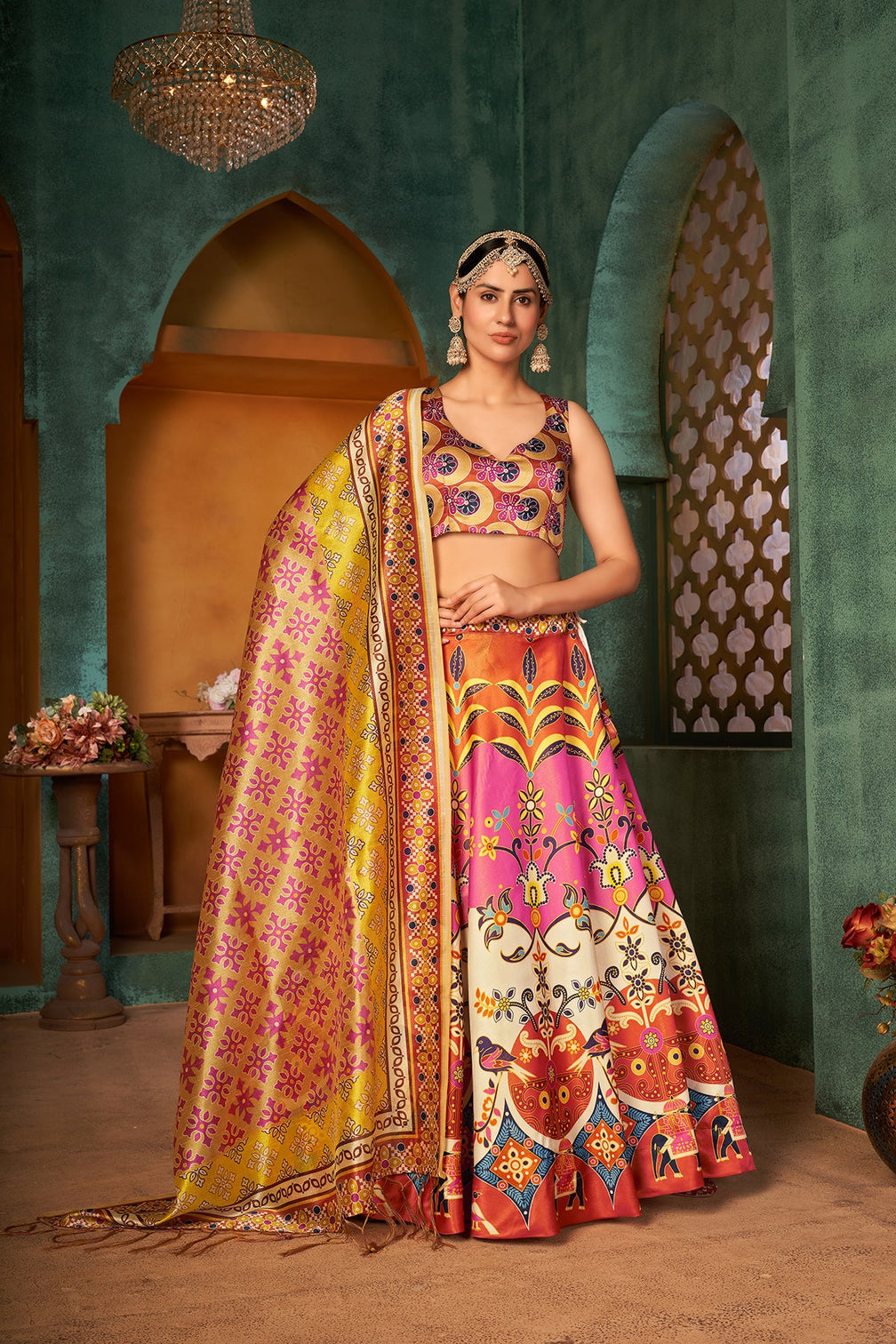 Silk Base Digital Printed Multi Color Lehenga Choli