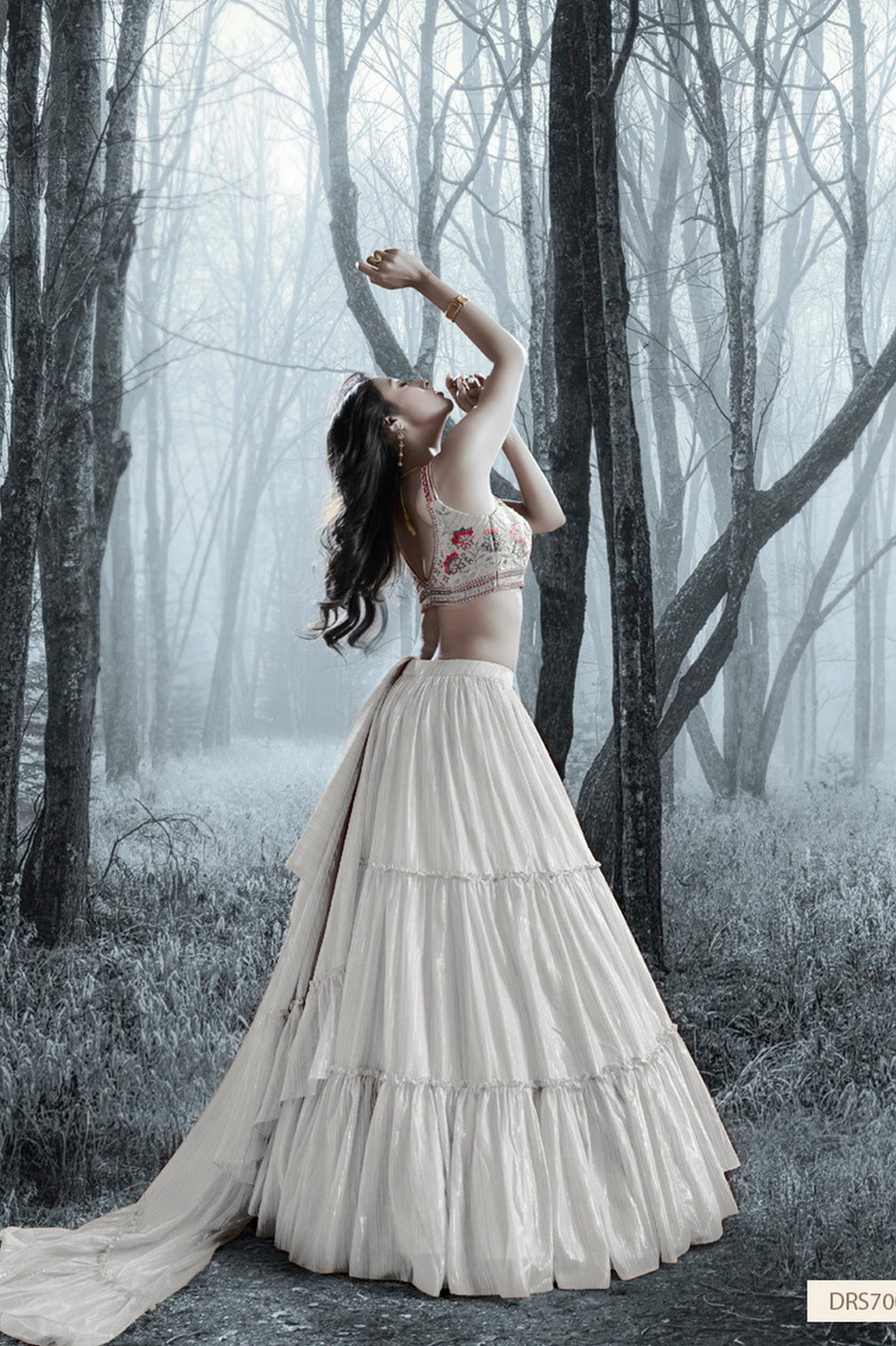 Silver Art Silk Ruffle Lehenga Choli For Indian Festivals & Weddings - Thread Embroidery Work, Handwork Work