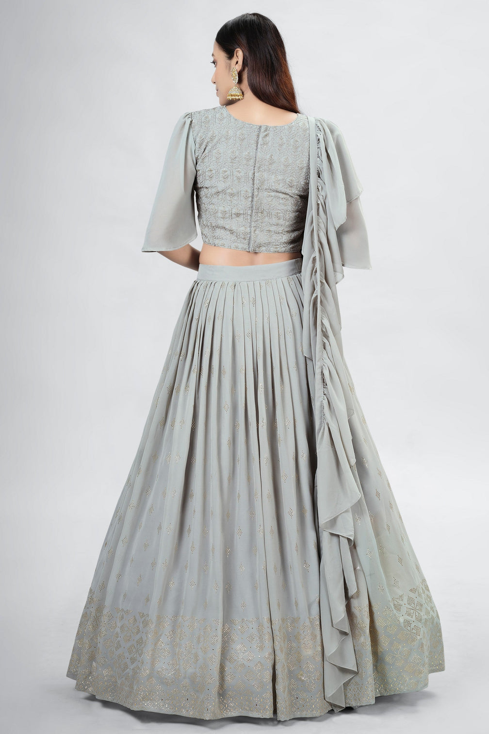 Silver Indian Georgette Lehenga Choli With Ruffle Dupatta For Indian Festival & Weddings - Sequence Embroidery Work, Mukaish Work