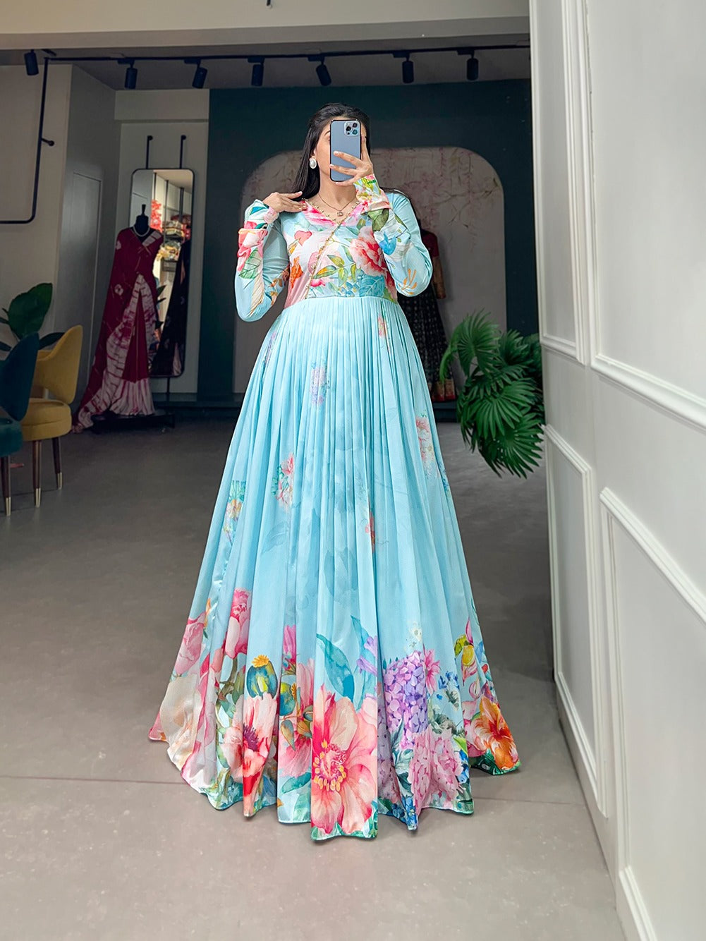 Sky Blue Color Tussar Silk Ready to Wear Gown with Delicate Floral Print