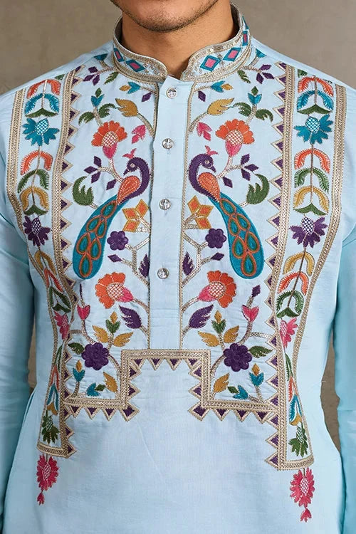 Premium Sky Blue Embroidered Mens Kurta for Celebrations