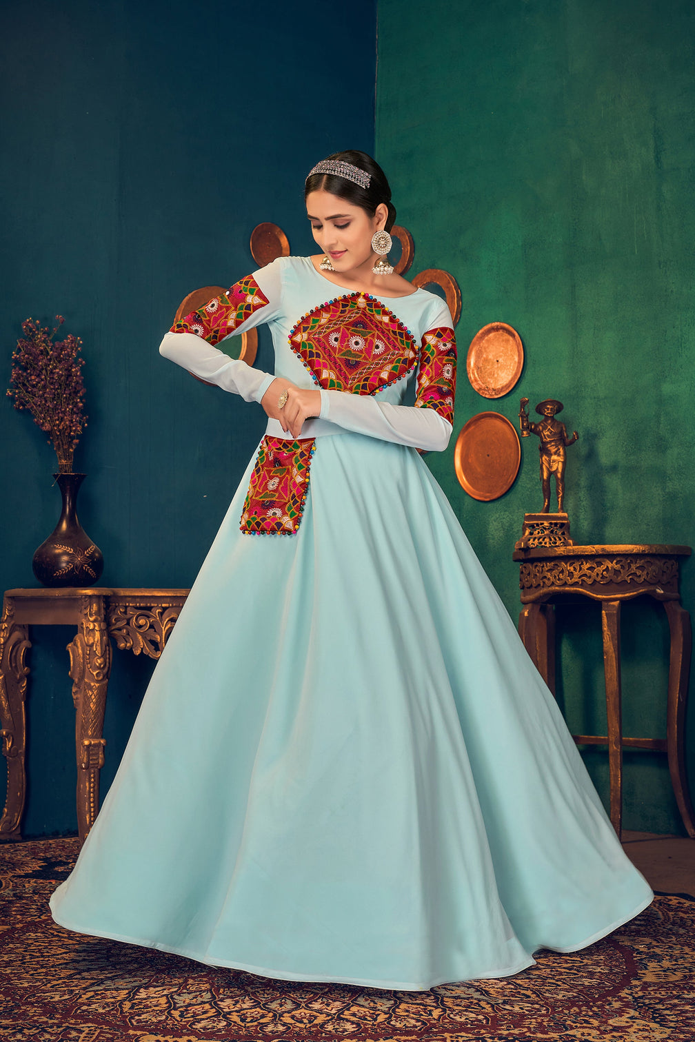 Sky-Blue Embroidered Georgette Evening Long Gown Semi Stitched
