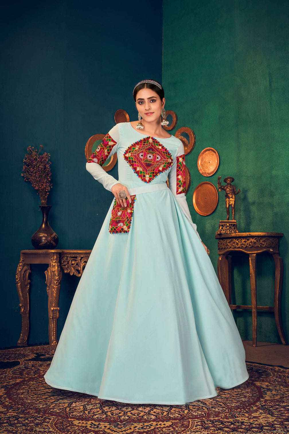 Sky-Blue Embroidered Georgette Evening Long Gown Semi Stitched