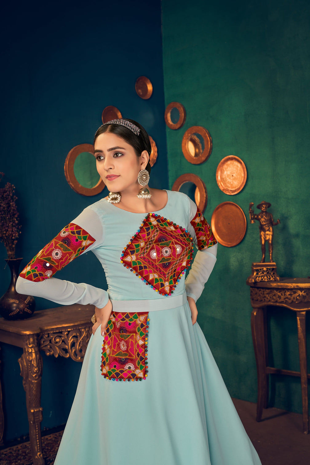 Sky-Blue Embroidered Georgette Evening Long Gown Semi Stitched