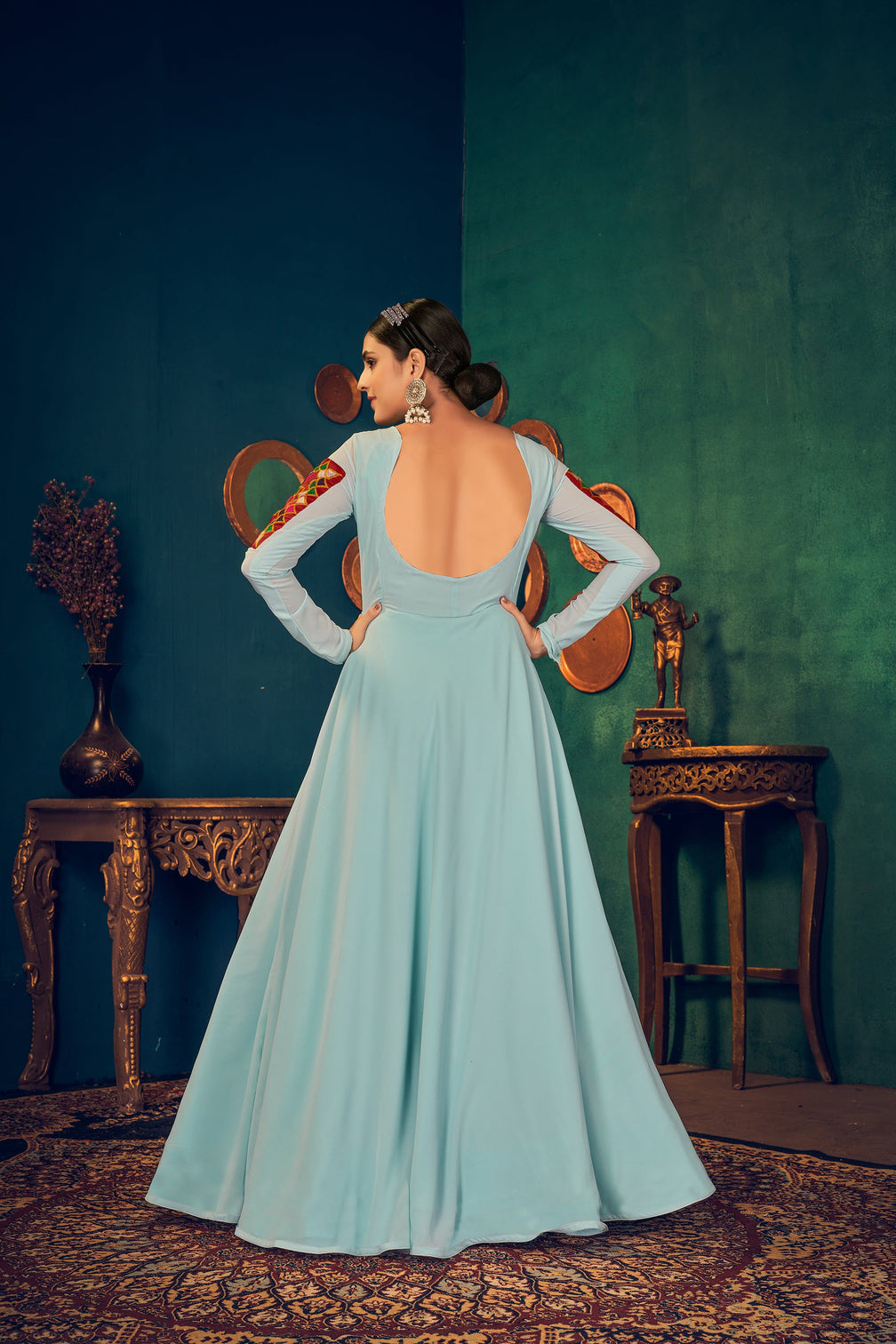 Sky-Blue Embroidered Georgette Evening Long Gown Semi Stitched
