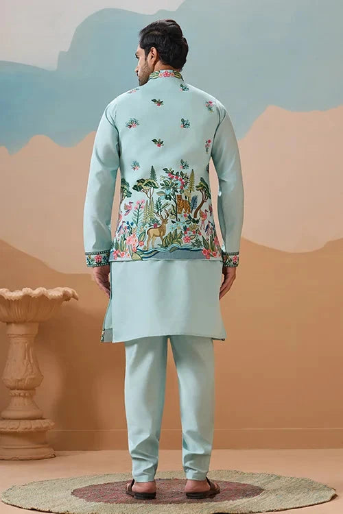 Stylish Sky Color Mens Koti Kurta Set Collection