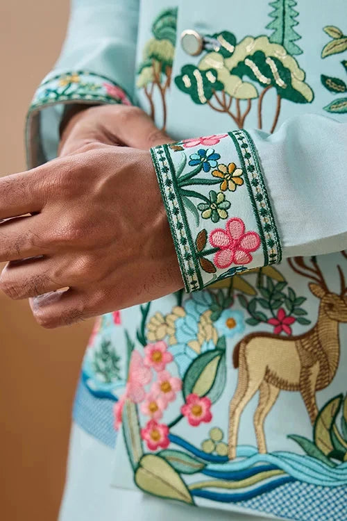 Stylish Sky Color Mens Koti Kurta Set Collection