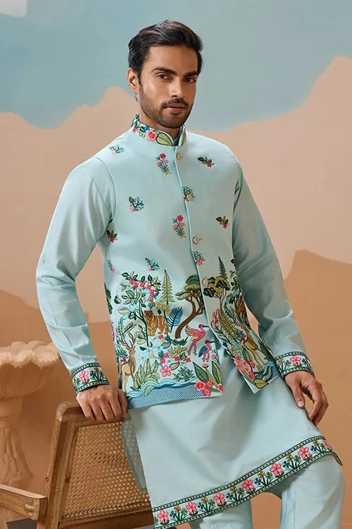 Stylish Sky Color Mens Koti Kurta Set Collection