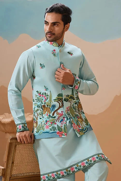 Stylish Sky Color Mens Koti Kurta Set Collection