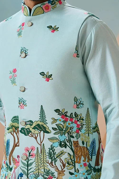 Stylish Sky Color Mens Koti Kurta Set Collection