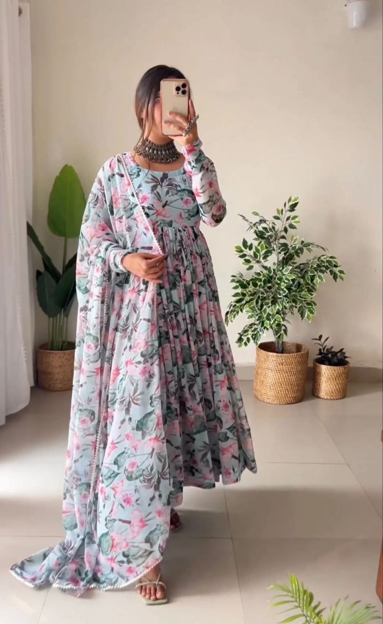 Sky Blue Anarkali Gown in Faux Georgette with Digital Floral Print