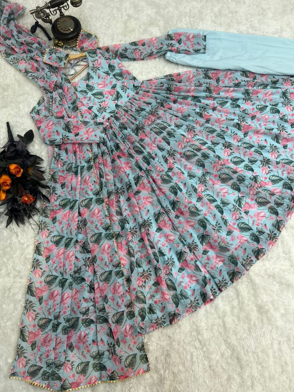 Sky Blue Anarkali Gown in Faux Georgette with Digital Floral Print