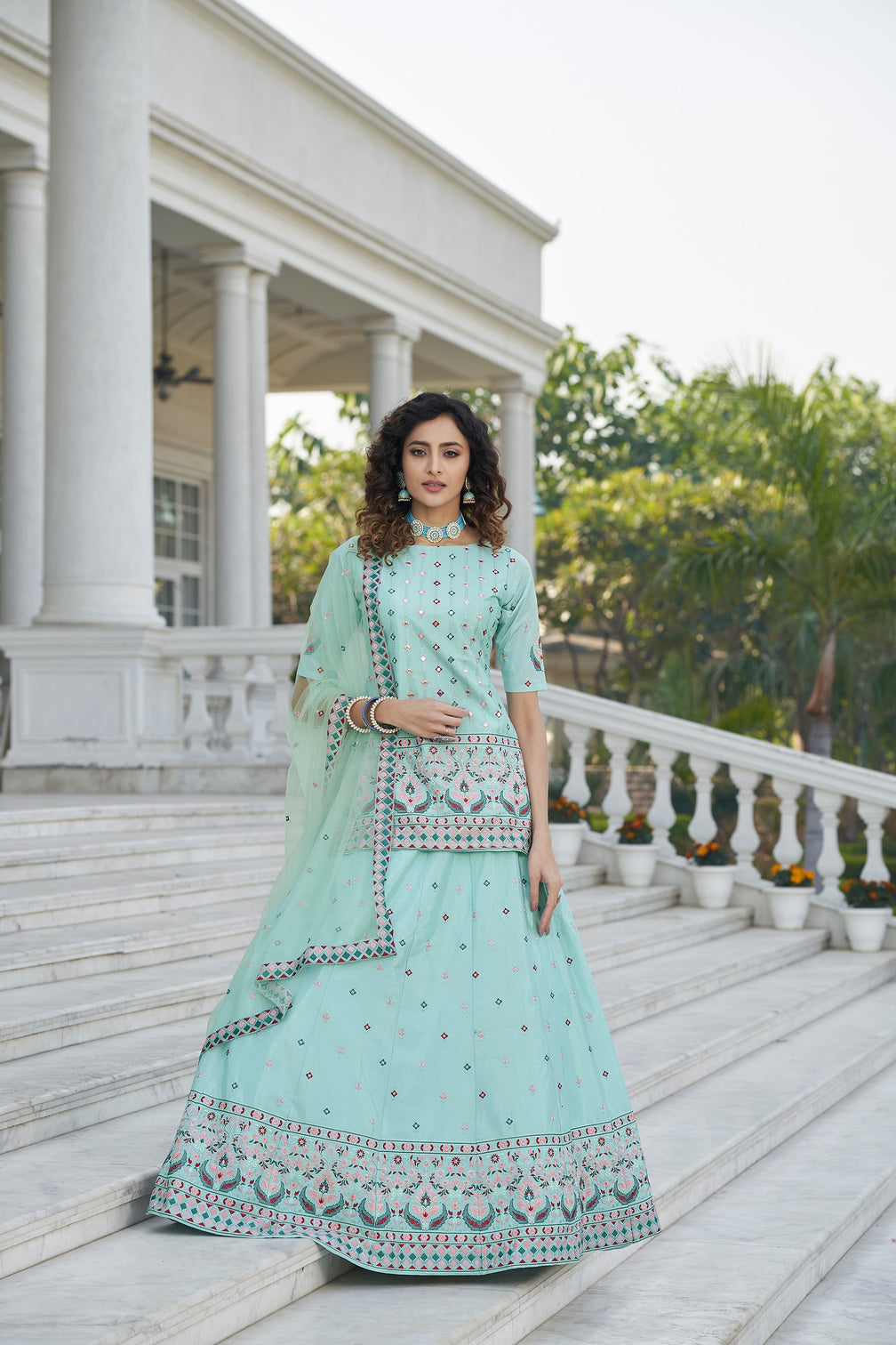 Sky Blue Color Gota Patti Work Designer Lehenga Suit