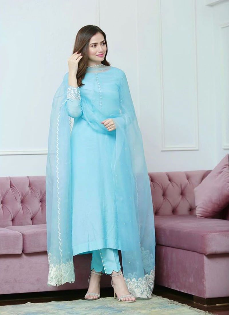 Sky Blue Designer Salwar Kameez in Pakistani Style
