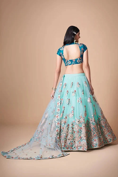Sky Blue Ethereal Mirror Work Lehenga Choli For Timeless Charm