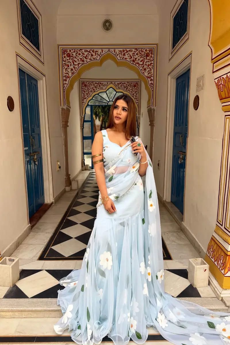 Sky blue premium georgette printed lehenga saree mameraa
