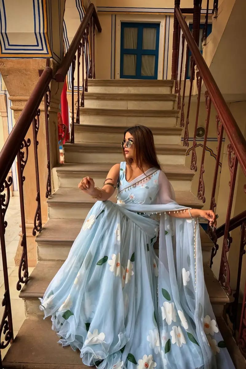 Sky blue premium georgette printed lehenga saree