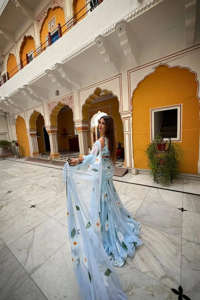 Sky blue premium georgette printed lehenga saree