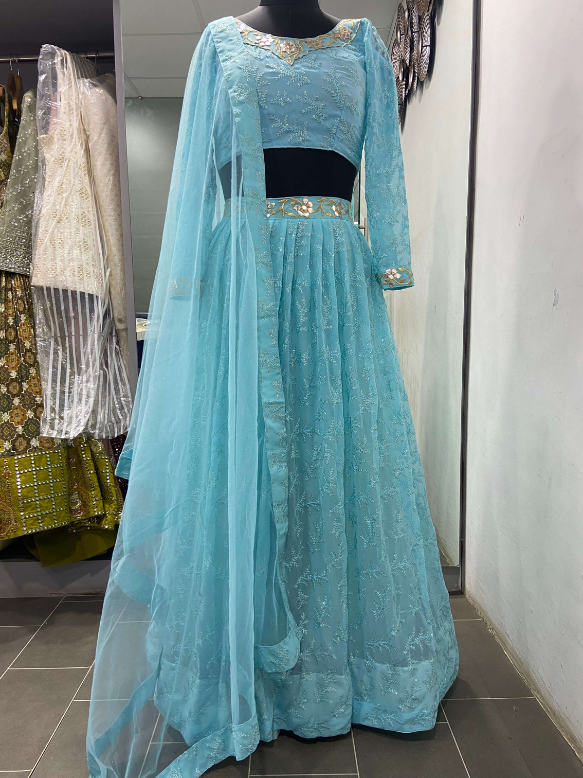Sky Blue Georgette Heavy Embroidered Wedding Lehenga Choli