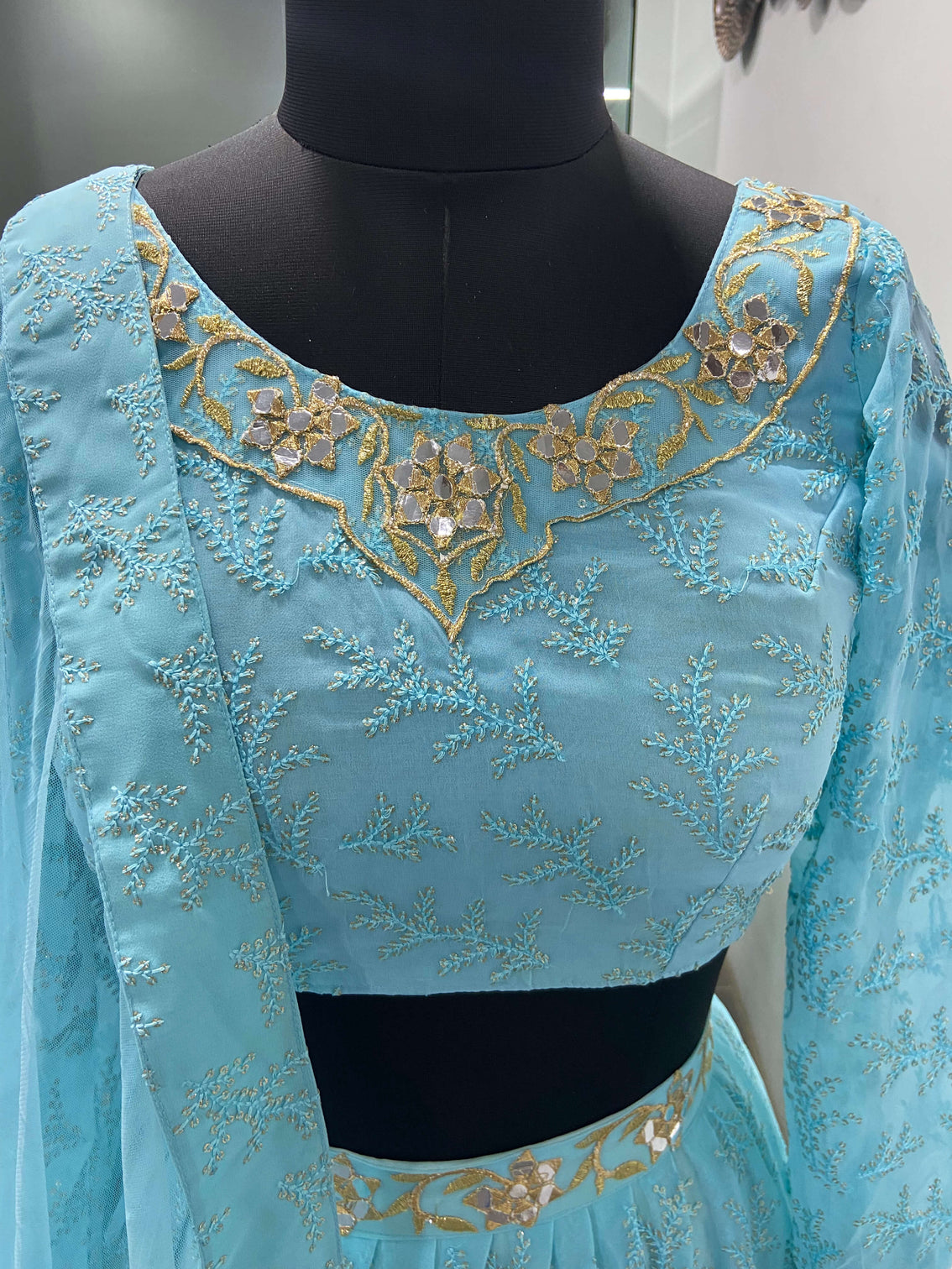 Sky Blue Georgette Heavy Embroidered Wedding Lehenga Choli