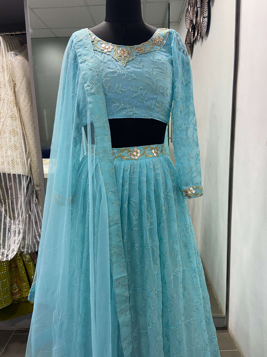 Sky Blue Georgette Heavy Embroidered Wedding Lehenga Choli