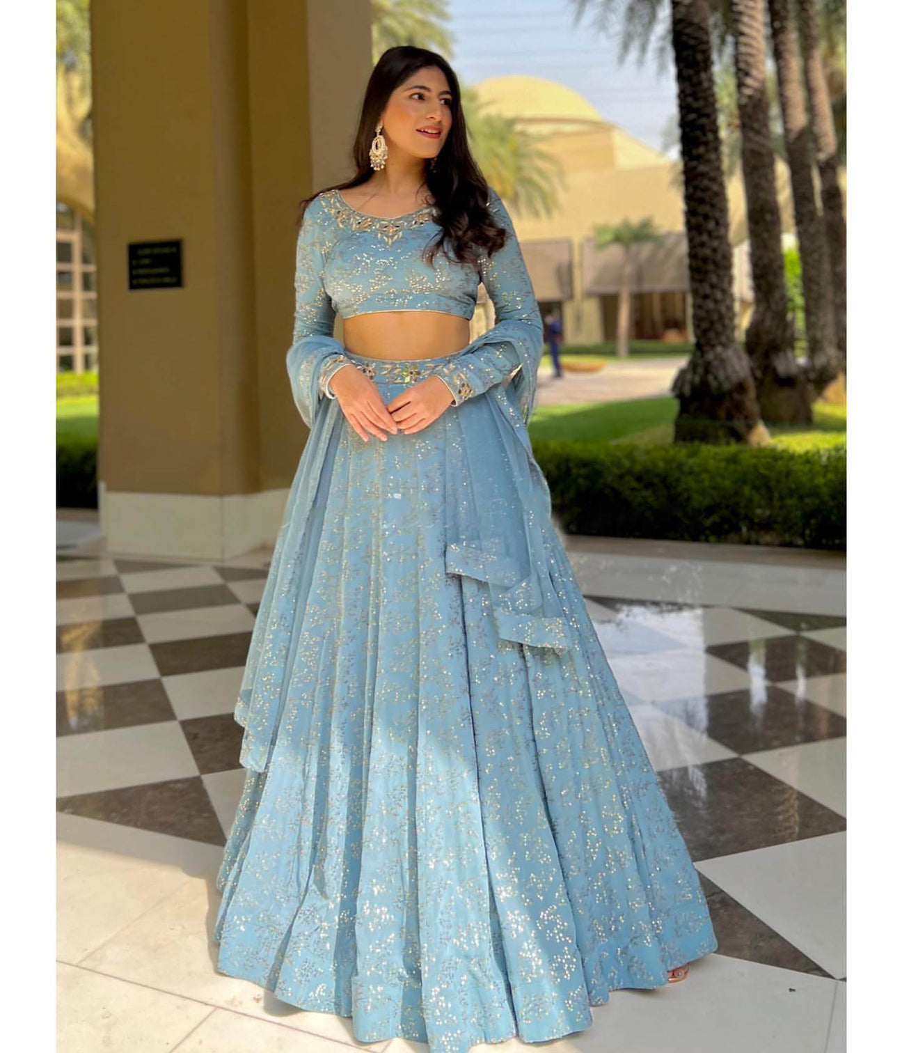 Sky Blue Georgette Heavy Embroidered Wedding Lehenga Choli