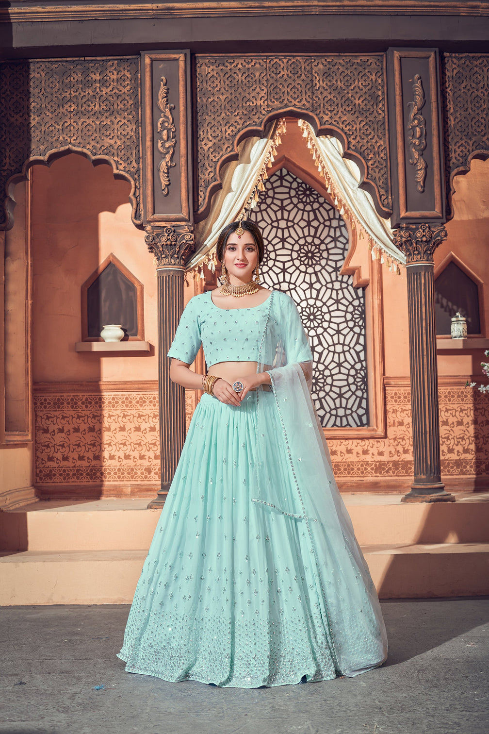 Sky Blue Lehenga With Georgette Fabric And Thread With Sequince Embroidered Work And Heavy Can-Can Lehenga For Wedding And Party Wear