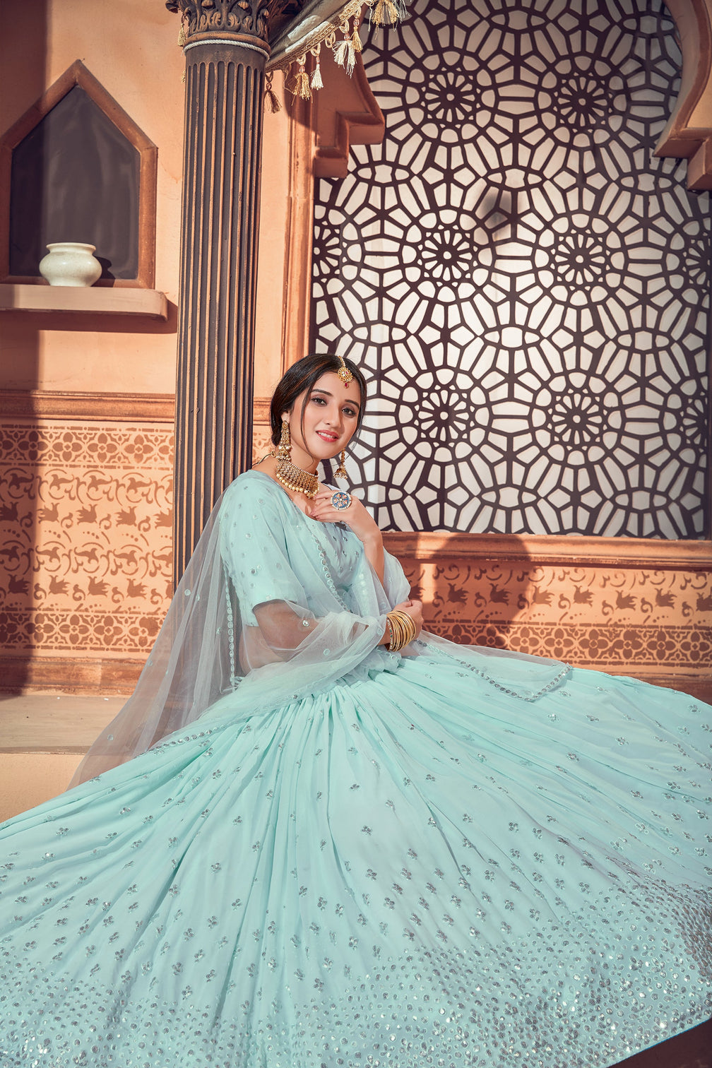 Sky Blue Lehenga With Georgette Fabric And Thread With Sequince Embroidered Work And Heavy Can-Can Lehenga For Wedding And Party Wear