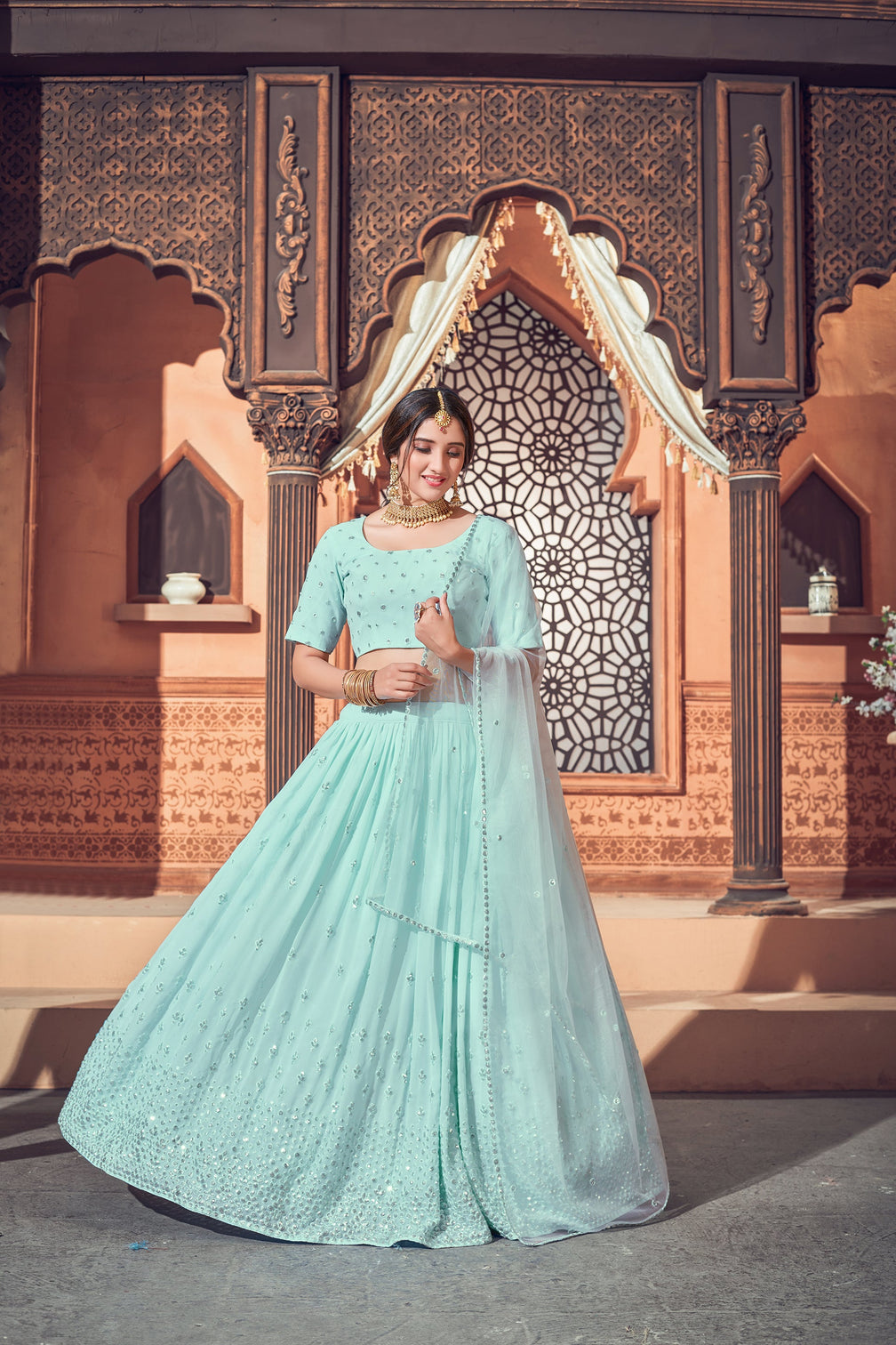 Sky Blue Lehenga With Georgette Fabric And Thread With Sequince Embroidered Work And Heavy Can-Can Lehenga For Wedding And Party Wear