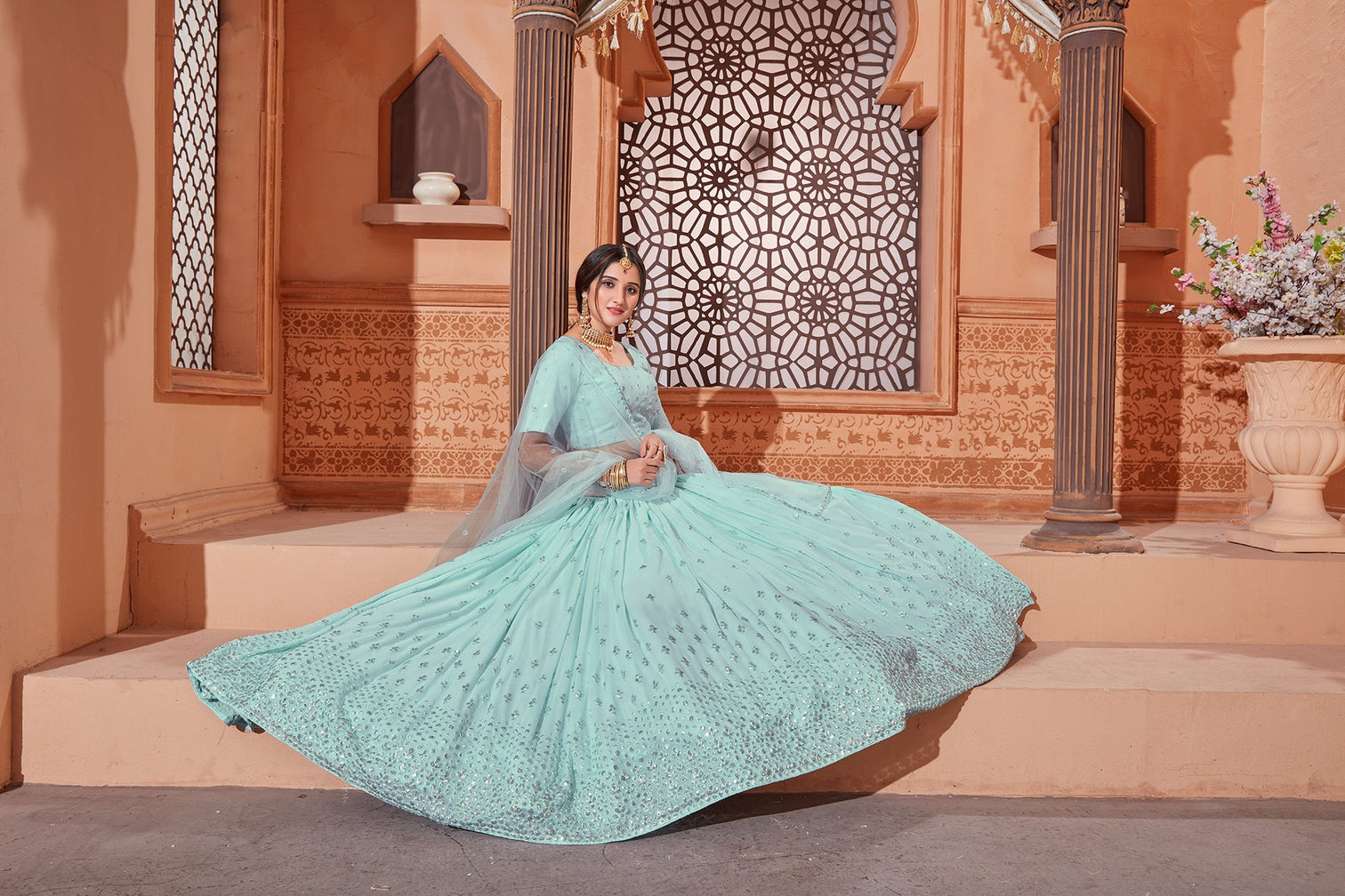 Sky Blue Lehenga With Georgette Fabric And Thread With Sequince Embroidered Work And Heavy Can-Can Lehenga For Wedding And Party Wear