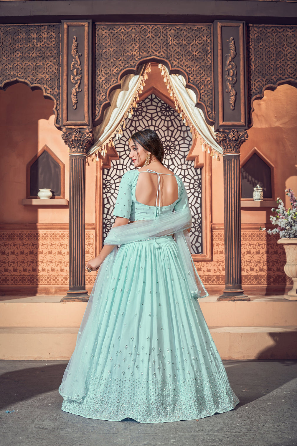 Sky Blue Lehenga With Georgette Fabric And Thread With Sequince Embroidered Work And Heavy Can-Can Lehenga For Wedding And Party Wear