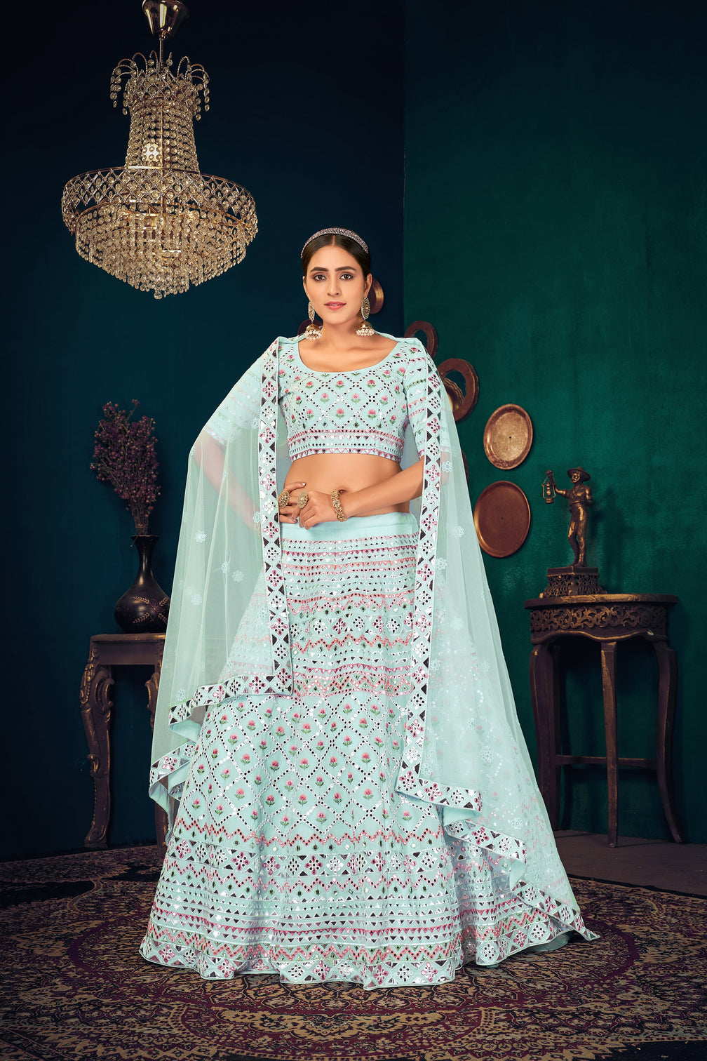 Sky Blue Multi-Thread With Gota Patti Embroidered Georgette Wedding & Party Lehenga
