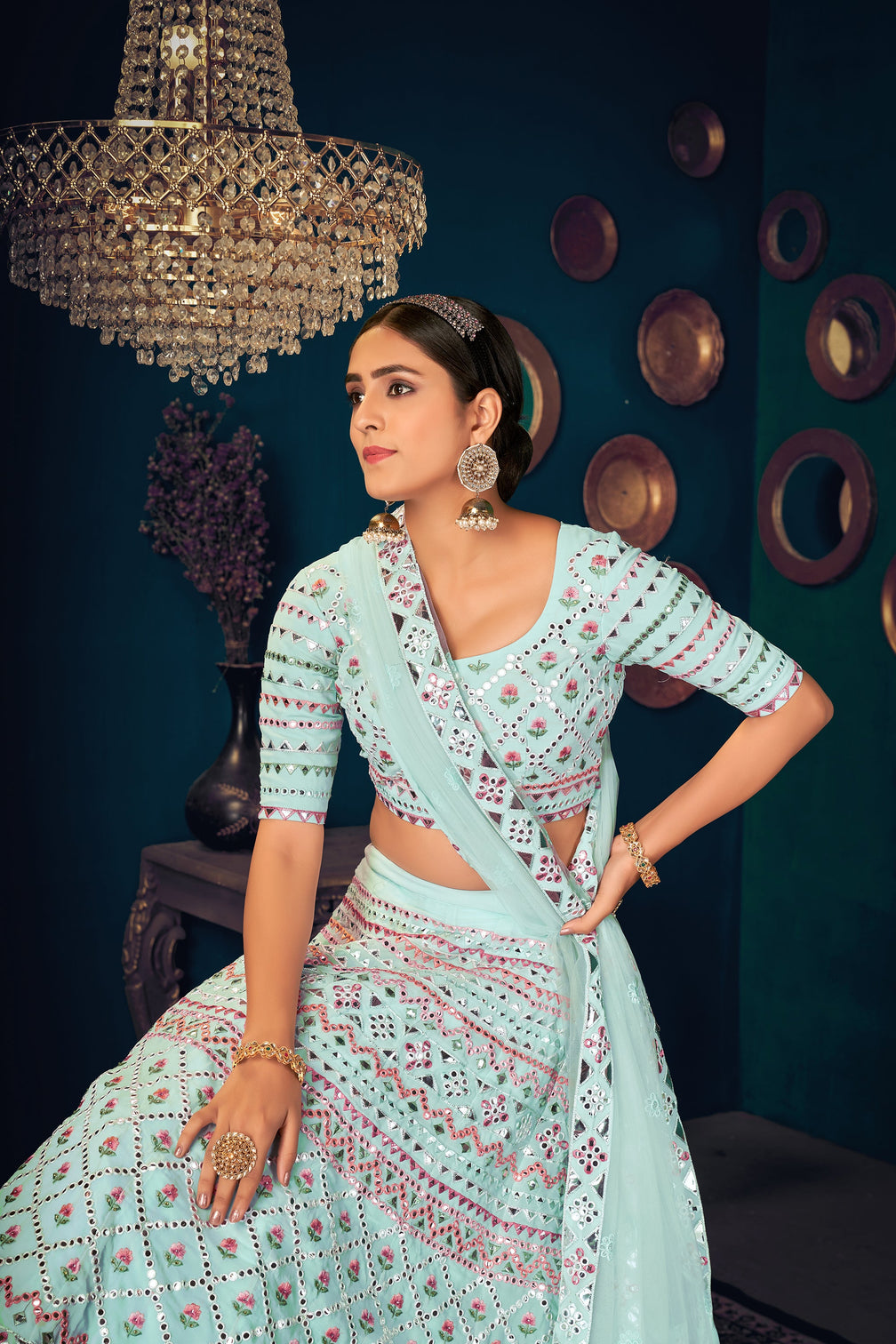 Sky Blue Multi-Thread With Gota Patti Embroidered Georgette Wedding & Party Lehenga