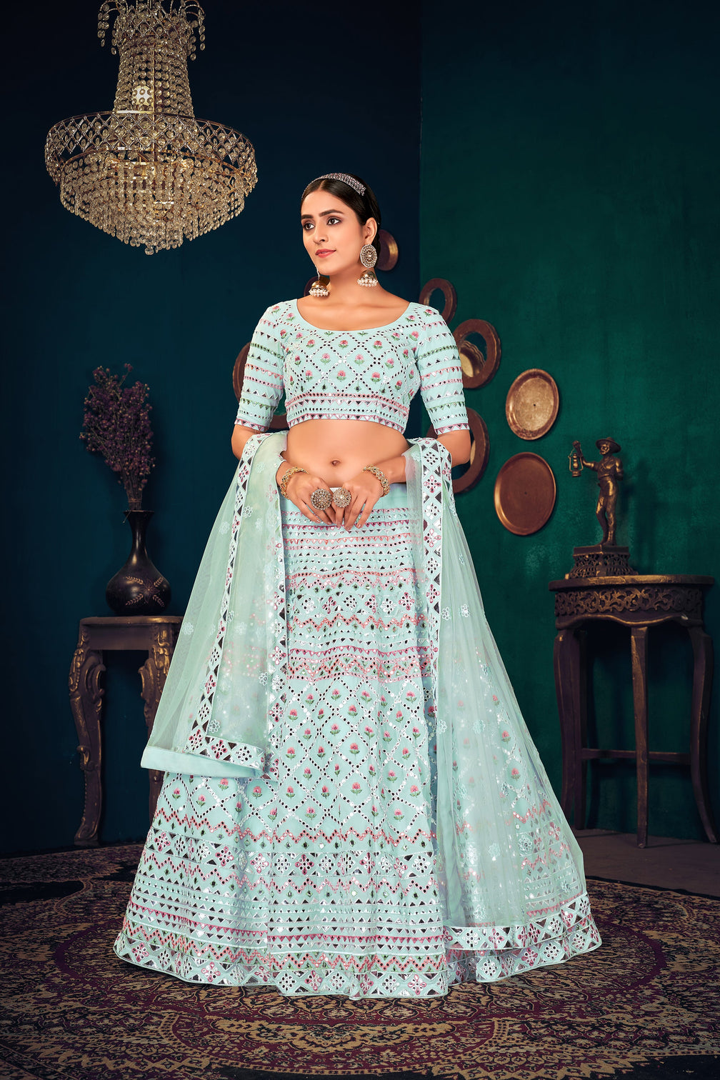 Sky Blue Multi-Thread With Gota Patti Embroidered Georgette Wedding & Party Lehenga